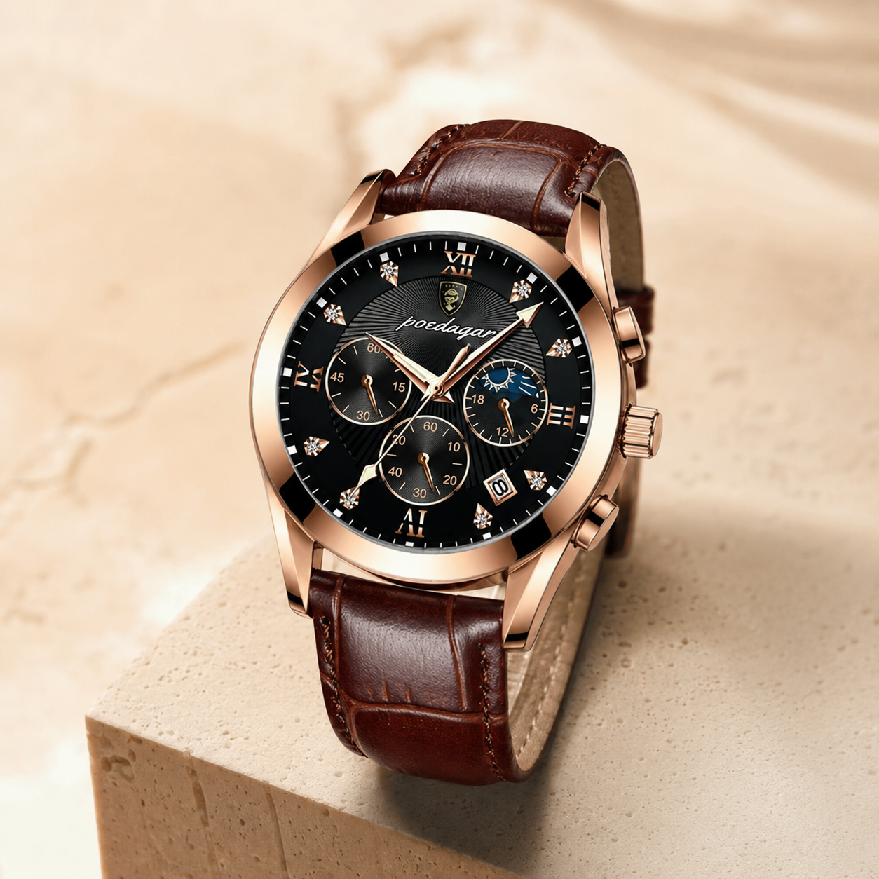Orologio uomo con cinturino marrone effetto pelle e cassa rose gold
