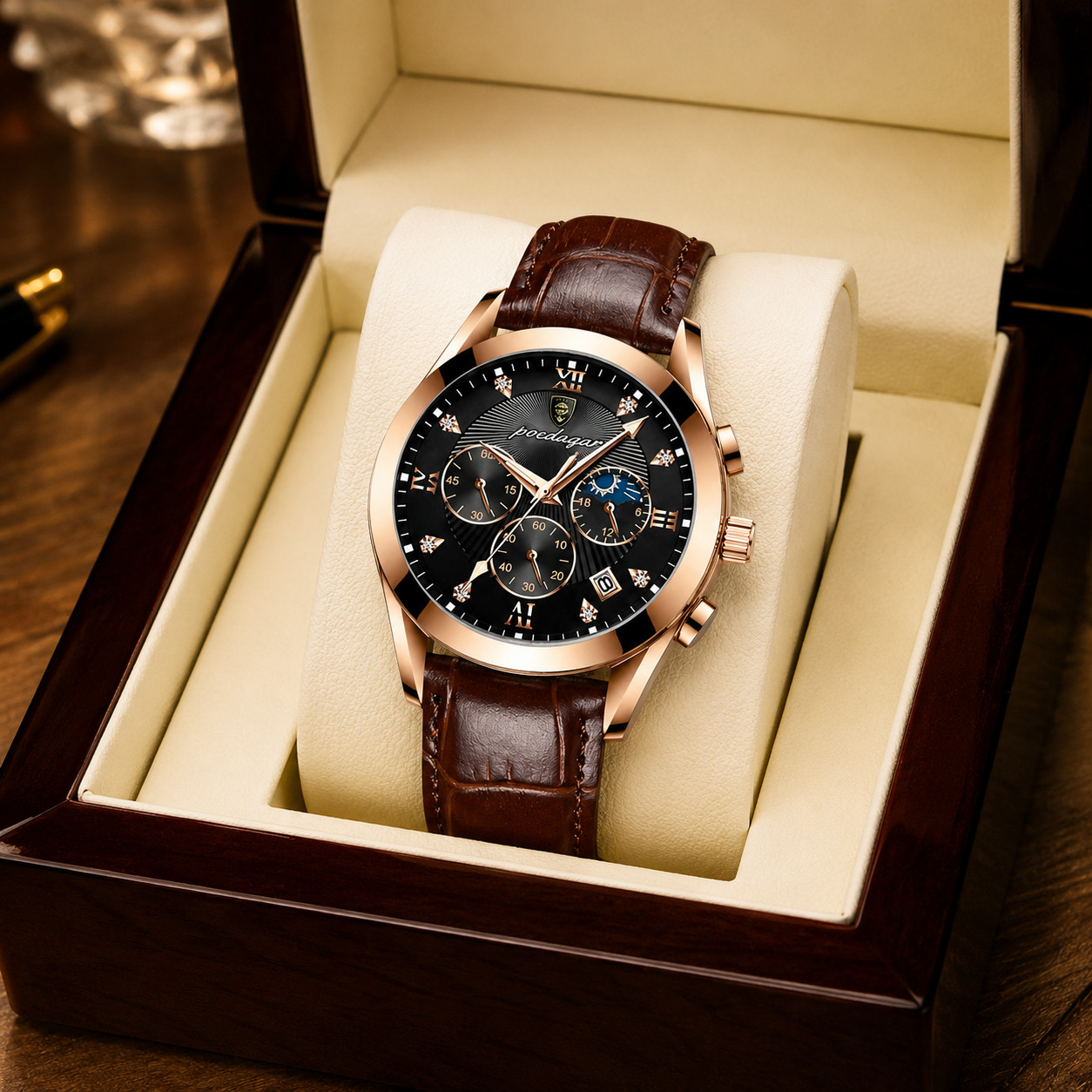 Orologio Chronis 41mm uomo con cinturino marrone effetto pelle e cassa rose gold nella scatola